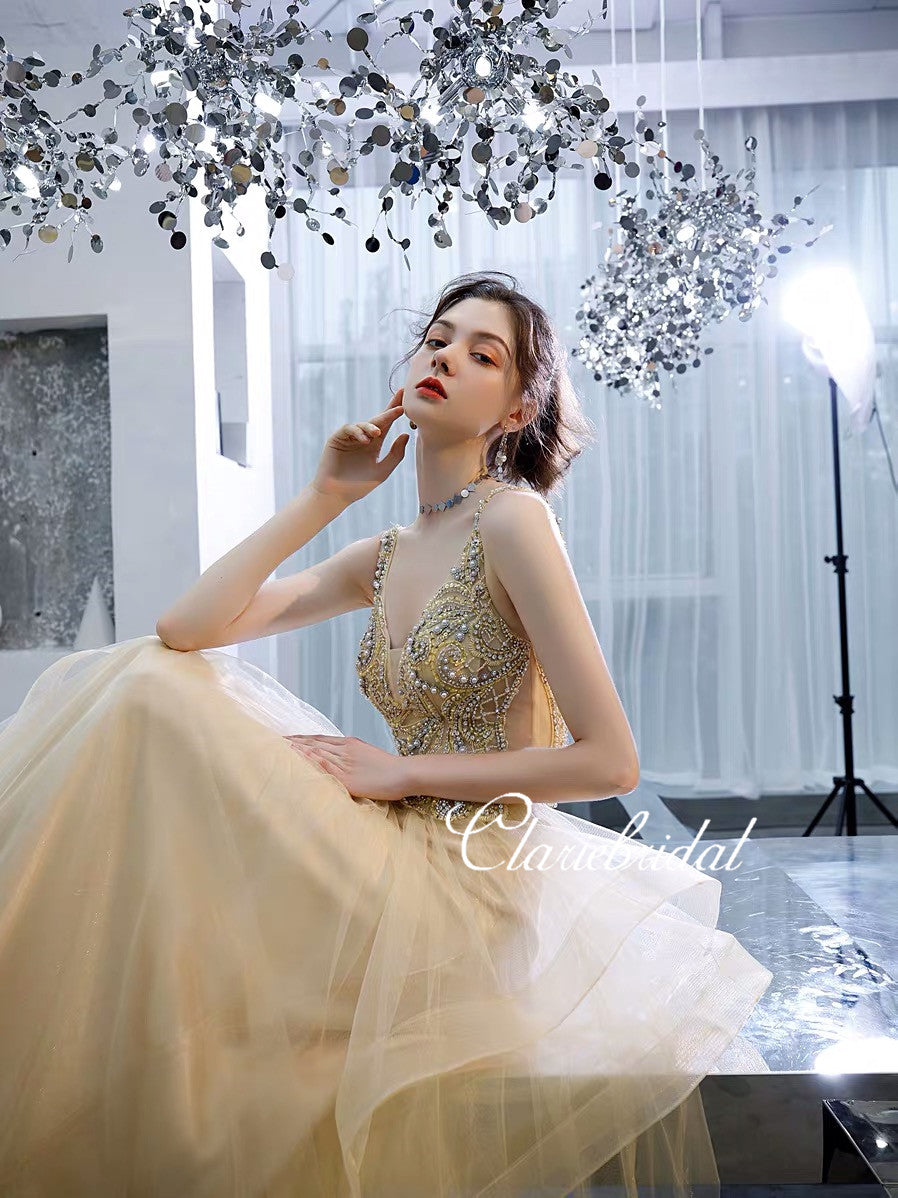 V-neck Long A-line Tulle Rhinestone Prom Dresses, New Claire Design Pr ClaireBridal V-neck Long A-line Tulle Rhinestone Prom Dresses, New Claire Design Pr ClaireBridal