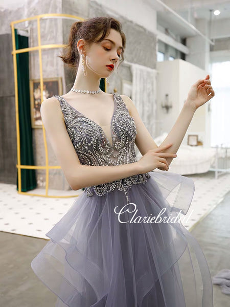 V-neck Long A-line Tulle Rhinestone Prom Dresses, New Claire Design Prom Dresses, Long Prom Dresses