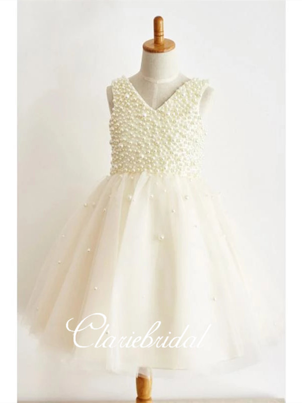 V-neck Ivory Pearl Tulle Flower Girl Dresses, Lovely Flower Girl Dresses, Little Girl Dresses