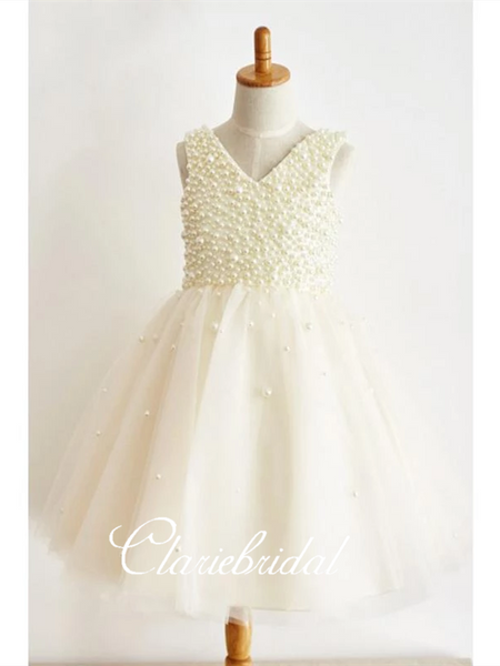 V-neck Ivory Pearl Tulle Flower Girl Dresses, Lovely Flower Girl Dresses, Little Girl Dresses