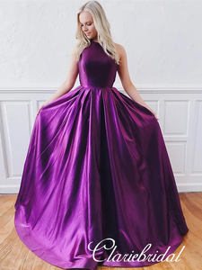 Long A-line Purple Satin Prom Dresses, Affordable Prom Dresses, High Quality Prom Dresses