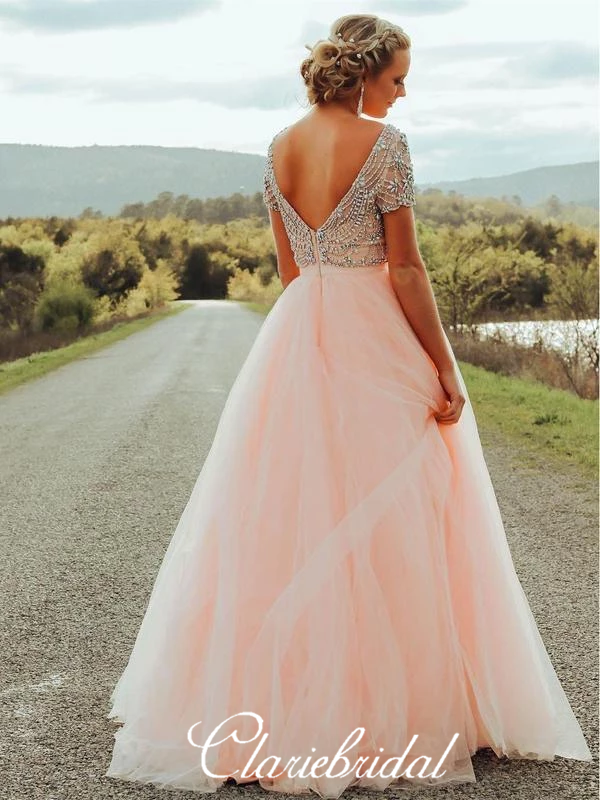 Short Sleeves Long Prom Dresses, Peach Tulle Rhinestone Beaded Prom Dr –  ClaireBridal