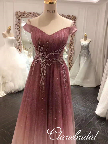 Off Shoulder Long A-line Gradient Sequin Tulle Prom Dresses, Shiny Long Prom Dresses, New 2020 Prom Dresses