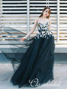 Sweetheart Long A-line Black Tulle Floral Prom Dresses, Appliques Prom Dresses, Newest Prom Dresses