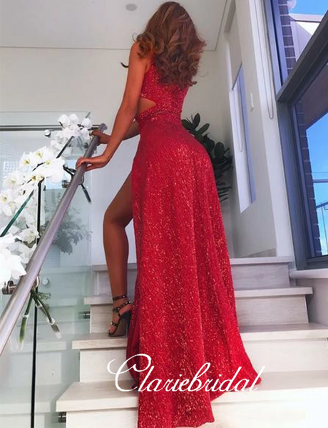 Sexy Red Sequin Prom Dresses, Slit Long Prom Dresses, 2020 Prom Dresses, Long Prom Dresses