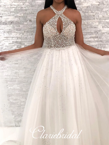 Key Hole Long A-line Ivory Beaded Tulle Prom Dresses, New Arrival Prom Dresses, 2020 Prom Dresses