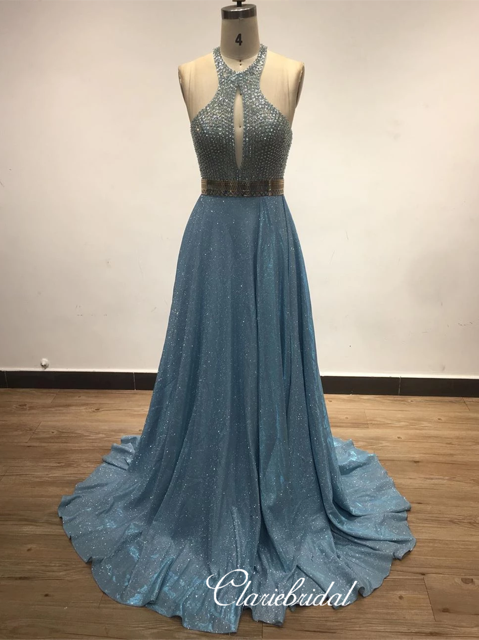 Halter Long A-line Beaded Shemmering Fabric Prom Dresses, Open Back Prom Dresses, Prom Dresses