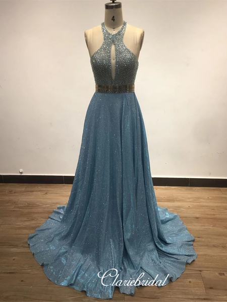 Halter Long A-line Beaded Shemmering Fabric Prom Dresses, Open Back Prom Dresses, Prom Dresses