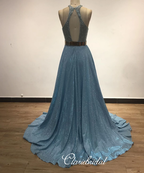 Halter Long A-line Beaded Shemmering Fabric Prom Dresses, Open Back Prom Dresses, Prom Dresses