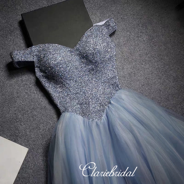 Off Shoulder Blue Beaded Tulle Princess Ball Gown, Long Prom Dresses, Lovely 2020 Prom Dresses