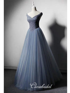 Off Shoulder Blue Beaded Tulle Princess Ball Gown, Long Prom Dresses, Lovely 2020 Prom Dresses