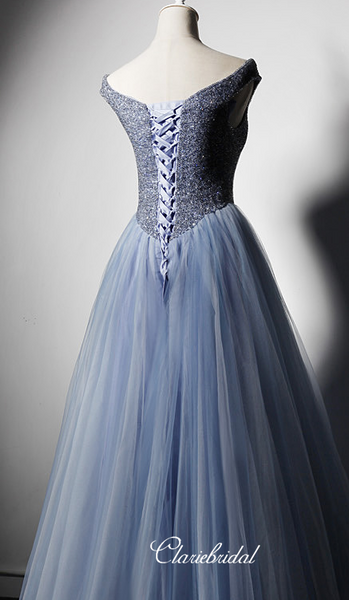 Off Shoulder Blue Beaded Tulle Princess Ball Gown, Long Prom Dresses, Lovely 2020 Prom Dresses