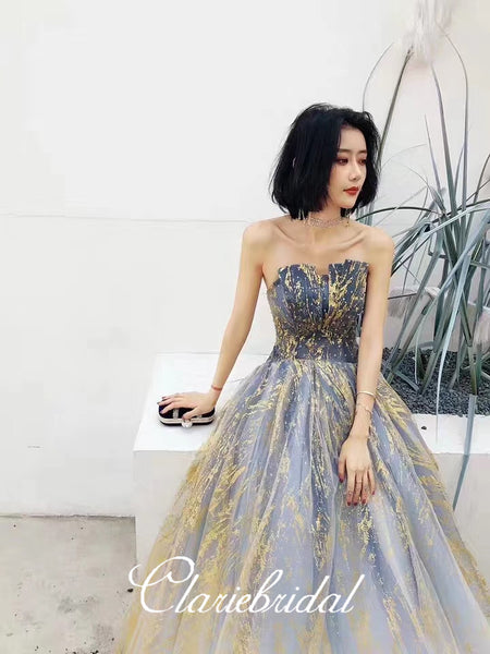 Strapless Long A-line Customized Sparkle Material Long Prom Dresses, Evening Dresses, 2020 Prom Dresses