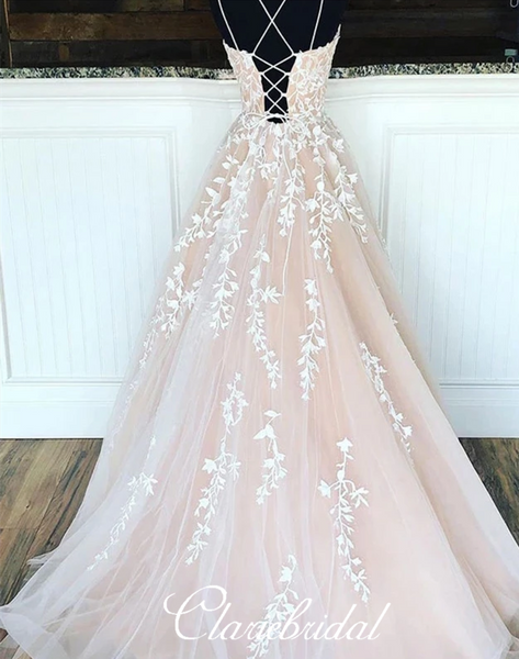 Lovely Lace Tulle Prom Dresses, Champagne Long Prom Dresses, Lace Prom Dresses, 2020 Prom Dresses