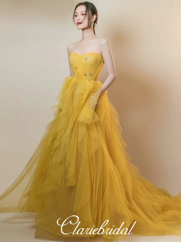 Strapless Long A-line Yellow Tulle Beaded Prom Dresses, Lovely Prom Dresses, Newest Prom Dresses