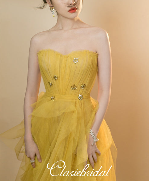 Strapless Long A-line Yellow Tulle Beaded Prom Dresses, Lovely Prom Dresses, Newest Prom Dresses