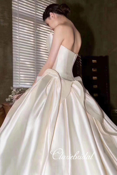 Strapless Long Ball Gown Wedding Dresses, Ivory Satin Wedding Dresses, Chic Long Wedding Dresses