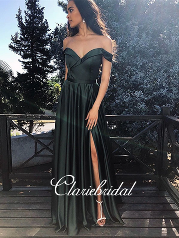 Off Shoulder Long Prom Dresses, Side Slit Prom Dresses, Long Prom Dresses, Simple A-line Prom Dresses