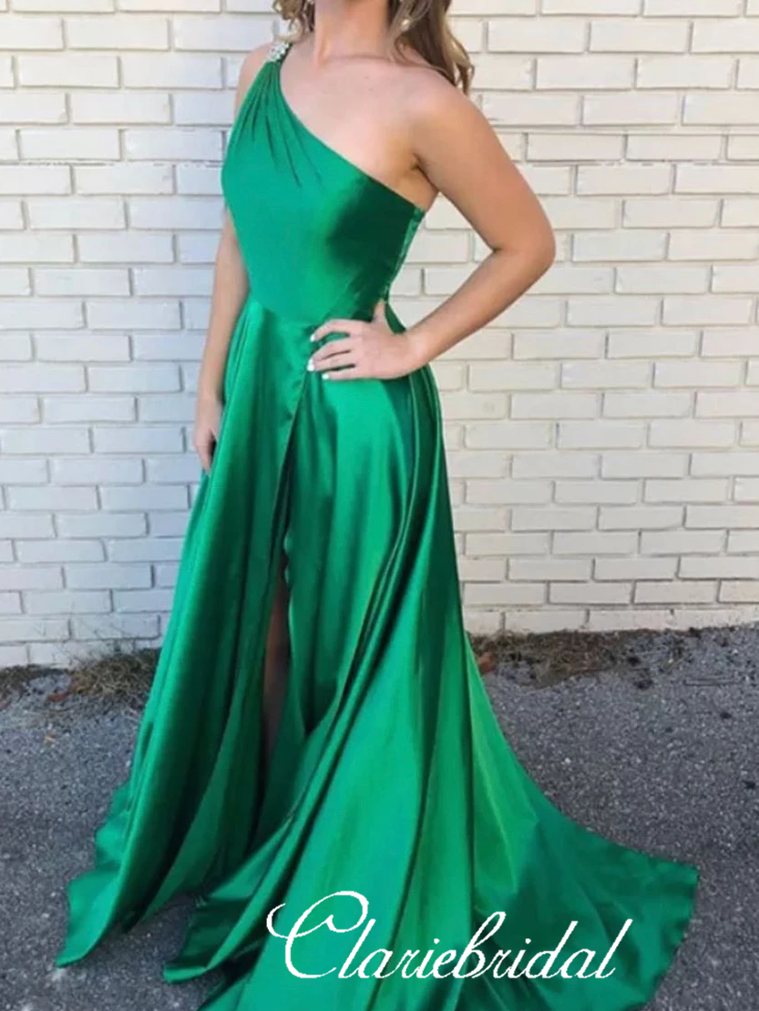 One Shoulder Green Satin Prom Dresses, Beaded Lovely Prom Dresses, Prom Dresses