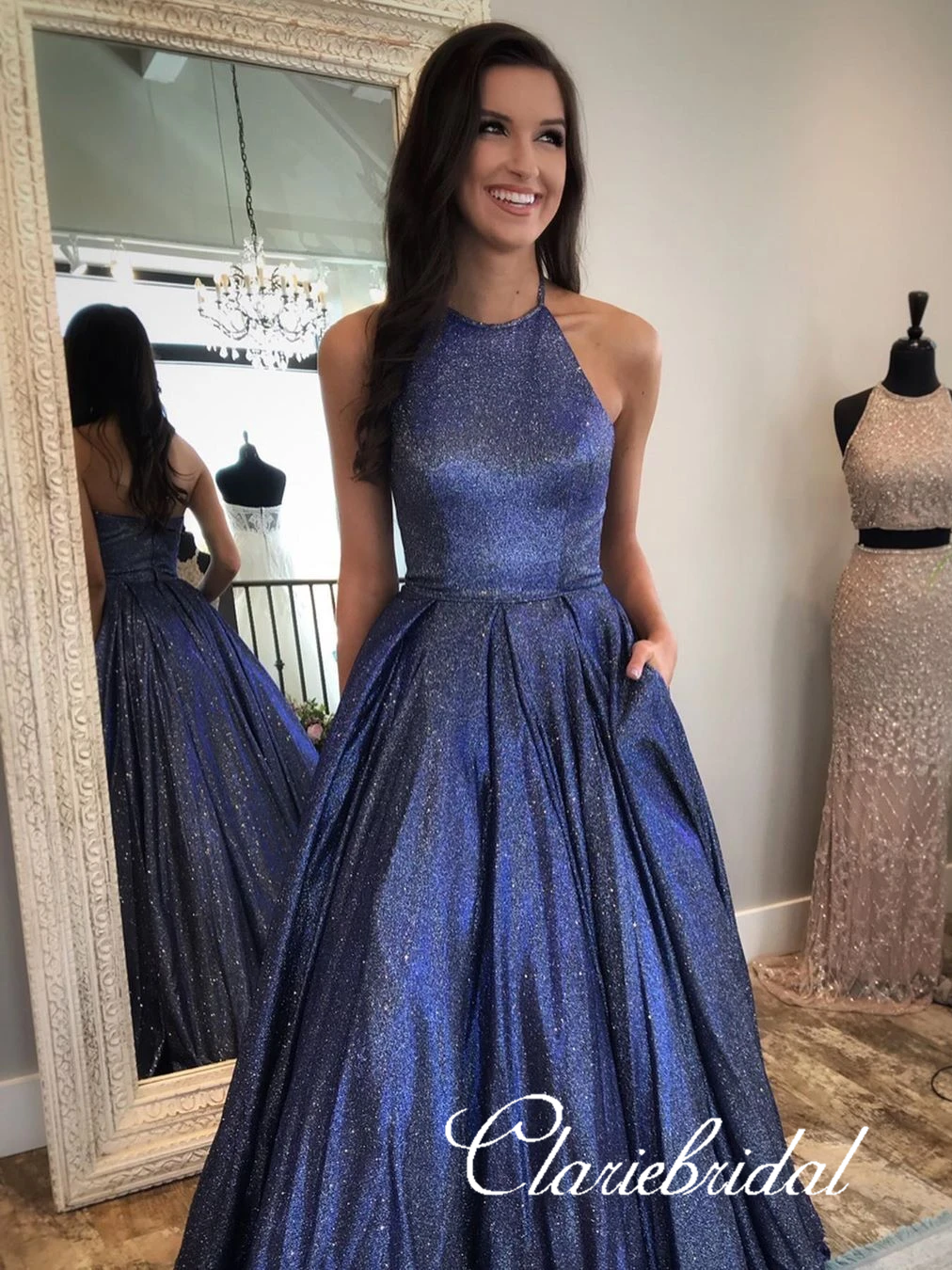 Halter Navy Shemmering Fabric Long A-line Prom Dresses, Shiny Prom Dresses, Popular Prom Dresses