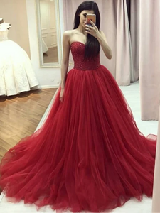 Sweetheart Red Beaded Tulle Prom Dresses, Newest Prom Dresses, Lace Up Prom Dresses