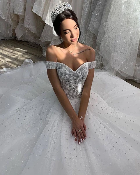 Off Shoulder Long A-line Wedding Dresses, Beaded Wedding Dresses, Lace ClaireBridal Off Shoulder Long A-line Wedding Dresses, Beaded Wedding Dresses, Lace ClaireBridal