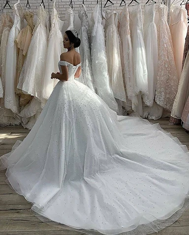 Off Shoulder Long A-line Wedding Dresses, Beaded Wedding Dresses, Lace Up Wedding Dresses