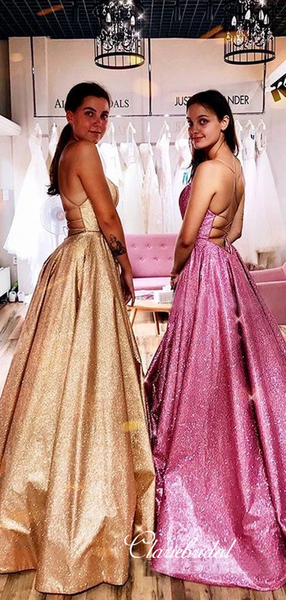 Spaghetti Long A-line Shemmering Prom Dresses, Long Prom Dresses, 2020 Popular Prom Dresses