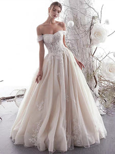 Off Shoulder A-line Lace Appliques Wedding Dresses, Lace Up Elegant Wedding Dresses