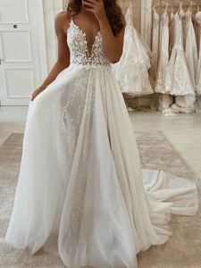 Spaghetti Long A-line Tulle Lace Wedding Dresses, Romantic Wedding Dresses, Bridal Gown