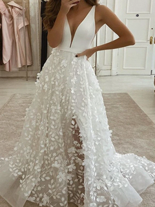 Deep V-neck Long A-line Lace Appliques Wedding Dresses, Organza Wedding Dresses, 2020 Wedding Dresses