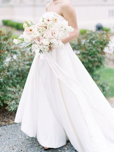 Strapless Long A-line Satin Wedding Dresses, Simple Elegant Wedding Dresses, Bridal Gown