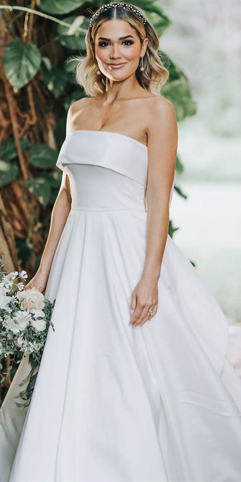 Strapless Long A-line Satin Wedding Dresses, Simple Elegant Wedding Dr ClaireBridal Strapless Long A-line Satin Wedding Dresses, Simple Elegant Wedding Dr ClaireBridal