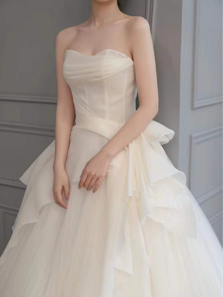 Strapless Tulle Organza Wedding Dresses, Romantic Long Wedding Dresses