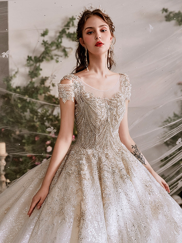 beaded illusion dress Chic Beaded Tulle A-Line Wedding Dress main image 1