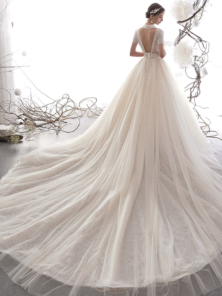 High Neck Long A-line Beaded Sequin Wedding Dresses, Lace Tulle Weddin –  ClaireBridal