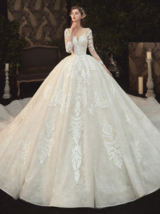 Long Sleeves Lace Tulle Wedding Dresses, Ball Gown Wedding Dresses, Newest Luxury Wedding Dresses