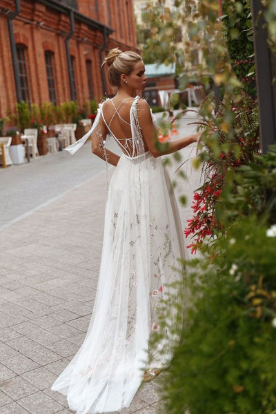 V-neck Tulle Floral Wedding Dresses, Newest 2020 Wedding Dresses, Popular Bridal Gown,