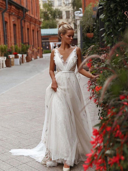 V-neck Tulle Floral Wedding Dresses, Newest 2020 Wedding Dresses, Popular Bridal Gown,