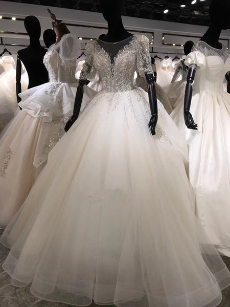 Rhinestones Elegant A-line Tulle Wedding Dresses, Luxury Beaded Bridal Gowns