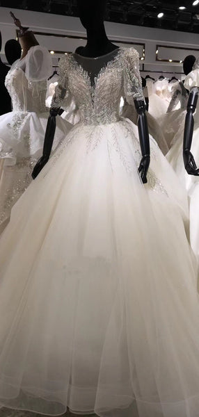 Rhinestones Elegant A-line Tulle Wedding Dresses, Luxury Beaded Bridal Gowns