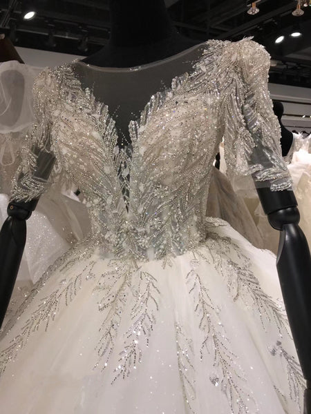 Rhinestones Elegant A-line Tulle Wedding Dresses, Luxury Beaded Bridal Gowns