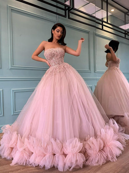 Strapless Pink Tulle Beaded Prom Dresses, A-line Ball Gown Quinceanera Dresses, Prom Dresses