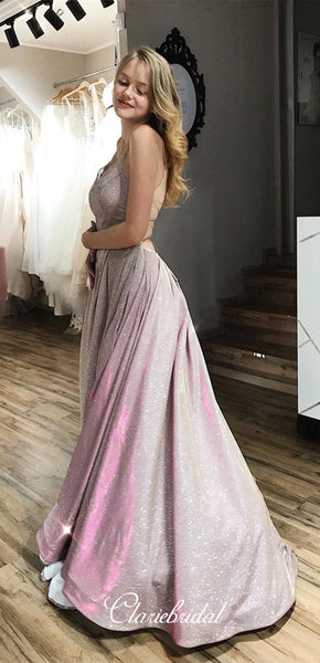 Spaghetti Long A-line Shemmering Fabric Prom Dresses, 2020 Prom Dresses, Long Prom Dresses, V-neck Prom Dresses
