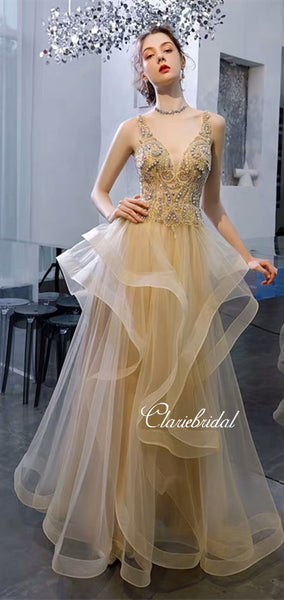 V-neck Long A-line Tulle Rhinestone Prom Dresses, New Claire Design Prom Dresses, Long Prom Dresses