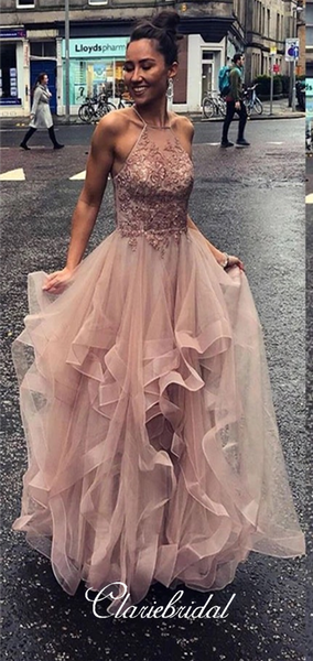 Dusty Pink Lace Beaded Long Prom Dresses, Tulle Long Prom Dresses, Lovely 2020 Prom Dresses
