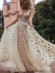 Deep V-neck Star Sequin Prom Dresses, Wedding Dresses, Newest Prom Dre ClaireBridal Deep V-neck Star Sequin Prom Dresses, Wedding Dresses, Newest Prom Dre ClaireBridal
