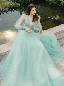 V-neck Long A-line Mint Green Tulle Prom Dresses, Fairytale Prom Dresses, Long Prom Dresses, 2021 Prom Dresses