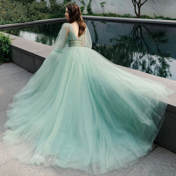 V-neck Long A-line Mint Green Tulle Prom Dresses, Fairytale Prom Dresses, Long Prom Dresses, 2021 Prom Dresses