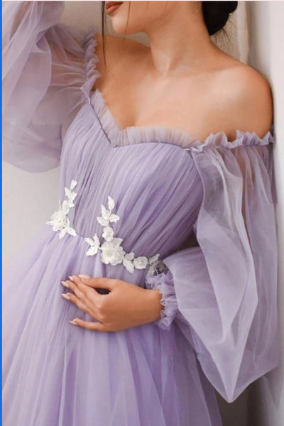 Off Shoulder Appliques Long Prom Dresses, Elegant Tulle 2021 Prom Dresses, A-line Ecening Dresses